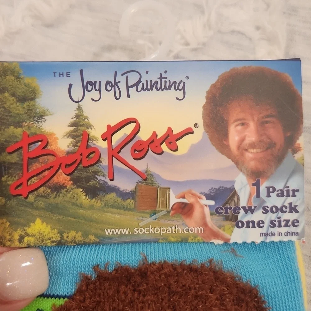 Super fun The joy of painting unisex Bob Ross crew socks, new with tags!